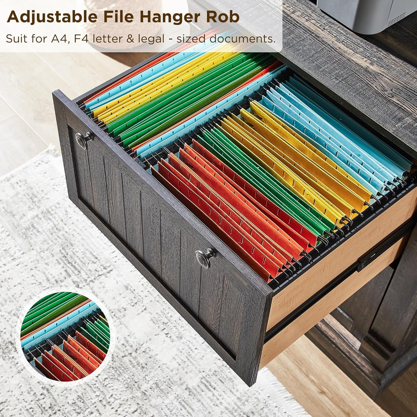 OKD Farmhouse File Cabinet with 2 Drawers, 30" Lateral Filing Cabinet, Hanging File Folders, Interlocking Drawers, Rustic Oak Wood, Brown, Home Office, Living Room, 30" x 22" x 10.2"