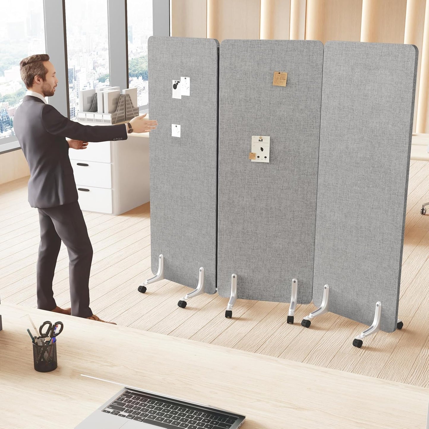 70.8" W x 63" H Freestanding Partition Room Dividers, Acoustic Panels with Wheels, 3 Soundproof Privacy Panels for Office, Reception Room, School, Hospital, Light Grey