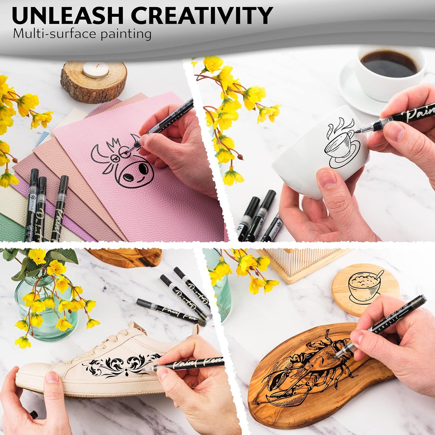 Stylo 4 Count Acrylic Metallic Pens - Black Paint Pens - Fine Tip Permanent Acrylic Metallic Paint Markers for Rock Painting, Glass, Wood, Ideal for Arts and Crafts (Pack of 4, Black)