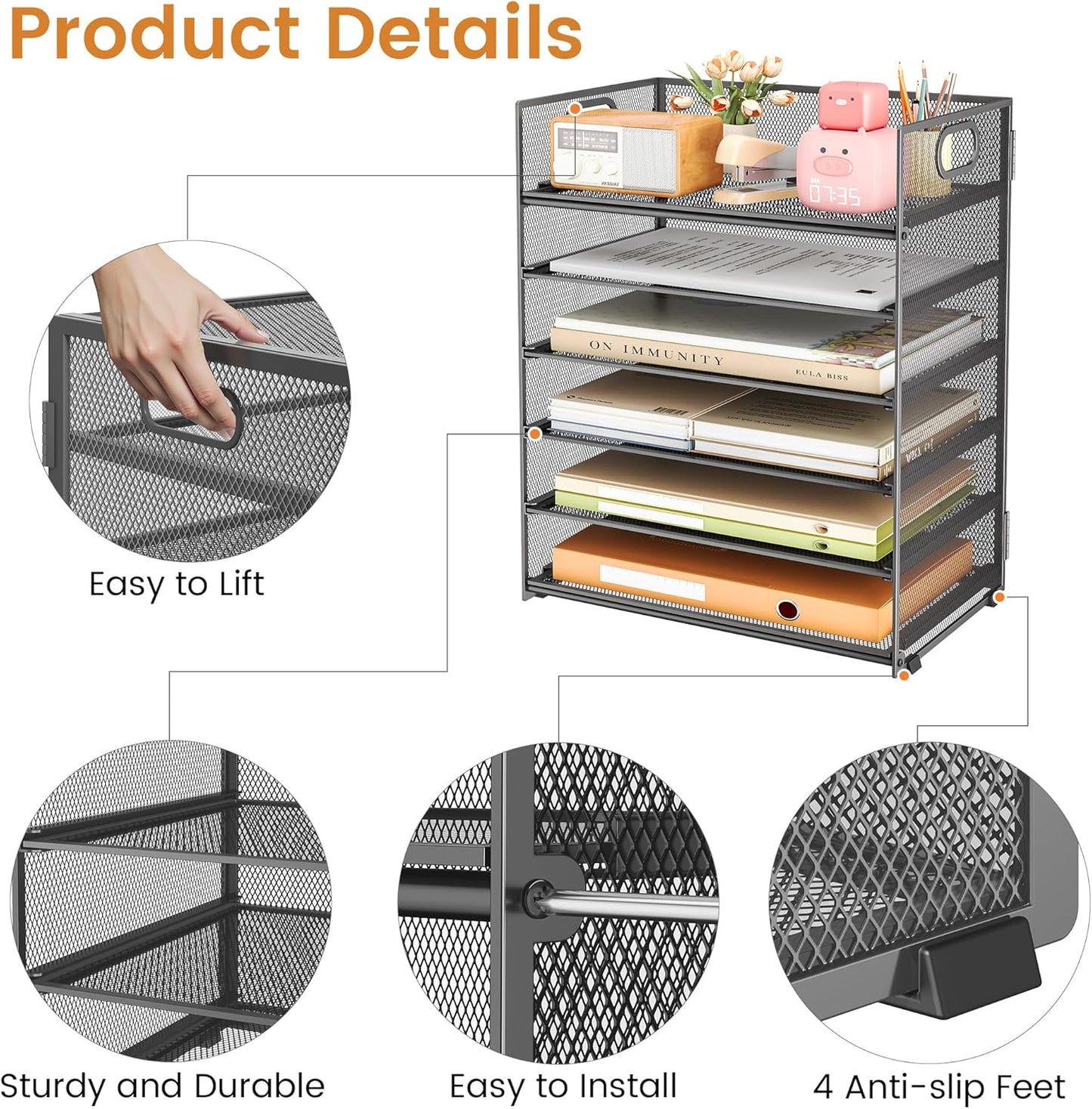 Subekyu 6-Tier Desk Paper Organizer, Desktop File Letter Tray with Handle, Document Sorter and Accessories Holder for Office, Home and School Workspace Organizers, Gray-2 Pack