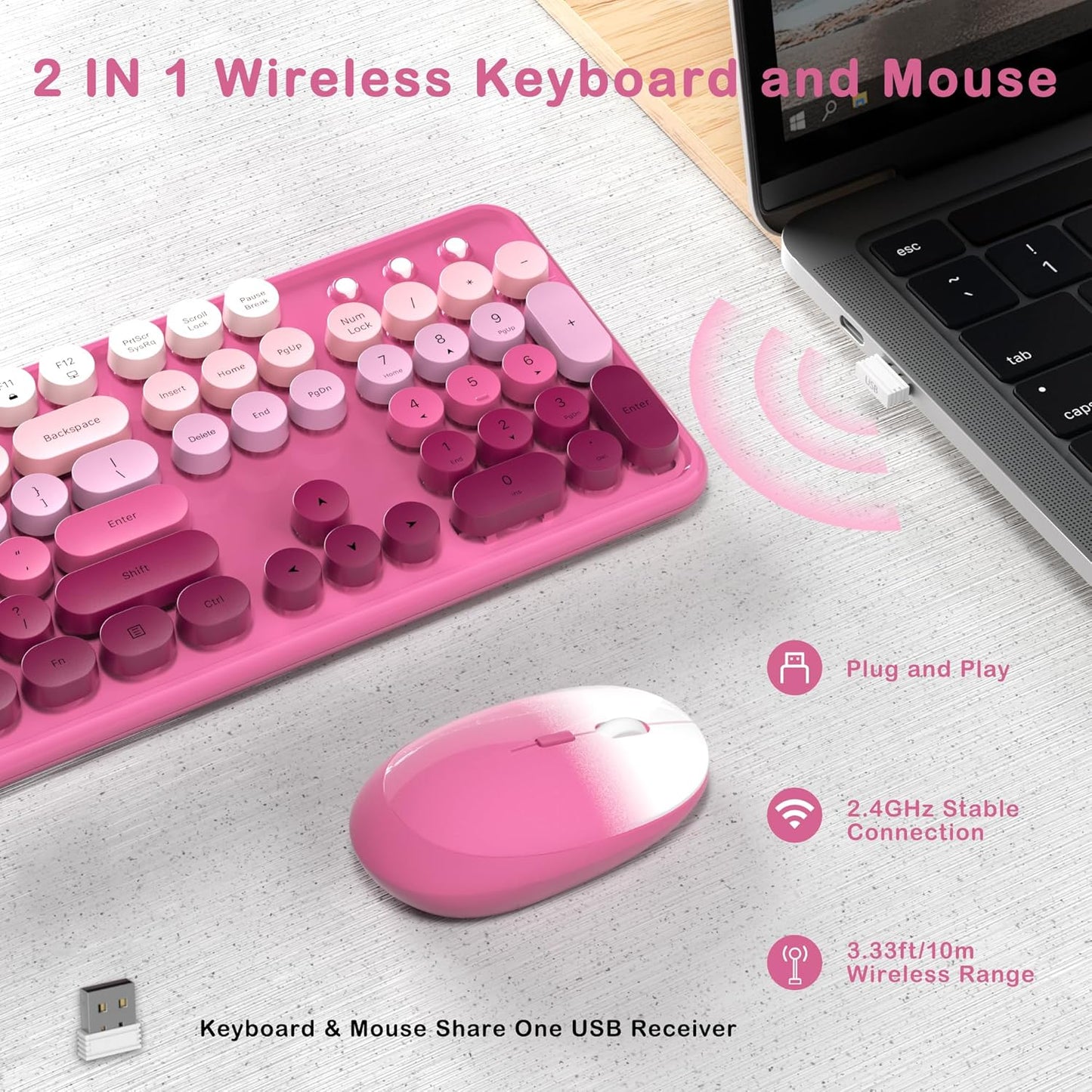 Colorful Wireless Keyboard and Mouse Combo, COVEVA 2.4GHz Wireless Retro Cute Round Keycaps Keyboard, 104 Keys Full-Sized Keyboard Mouse Set with Switch Button for PC Laptop Desktop (Pink Gradient)