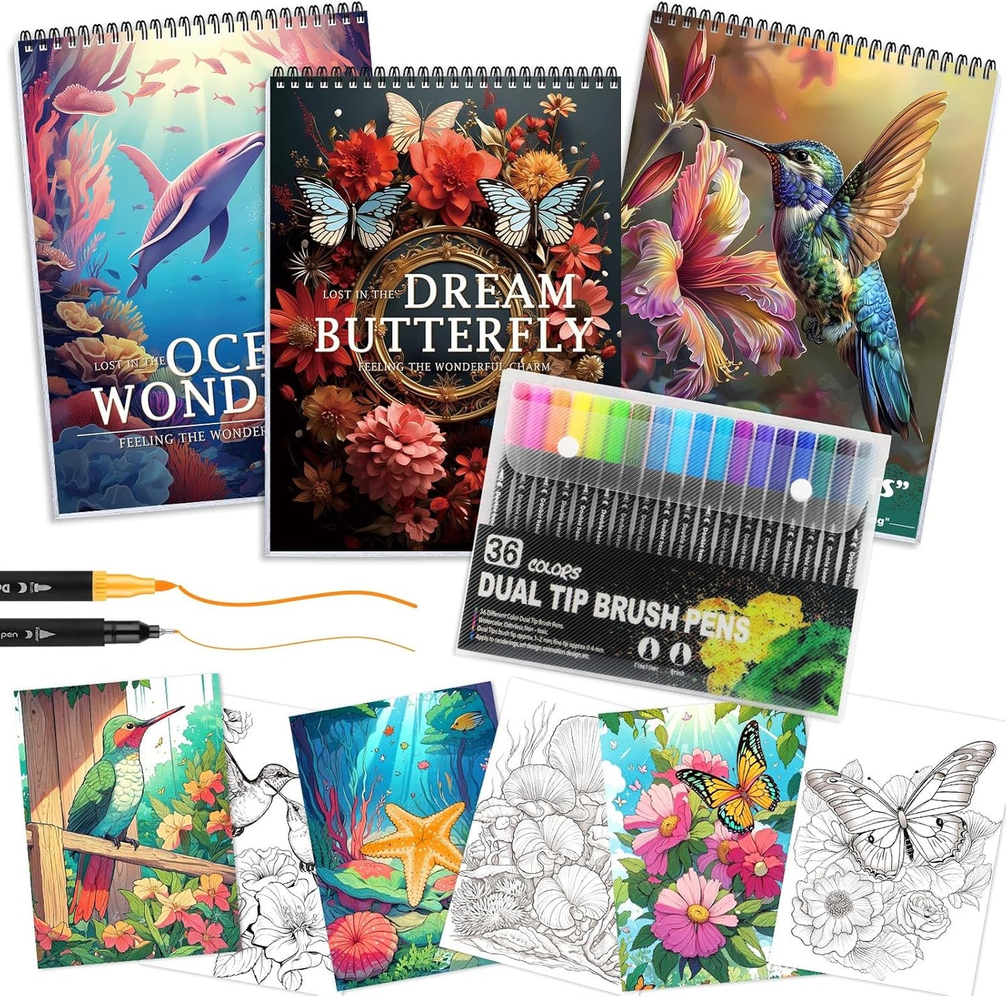 3Pcs Adult Coloring Book for Women Relaxation, 36 Colors Markers with Spiral Bound Adult Coloring Book for Women, 36 Dual Tip Colors Markers, Anxiety Relief Mindfulness Gifts(Ocean & Bird & Butterfly)