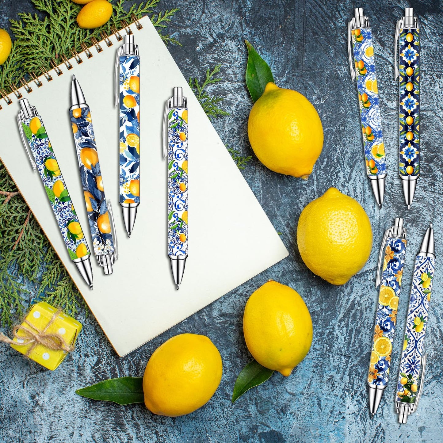 Capri Lemon Pens Set – Mediterranean-Inspired Ballpoint Pens for Girls, Students, and Stationery Lovers – Smooth Writing Pens for School, Journaling, or Gifts – Bright and Elegant Design, 8 Pack