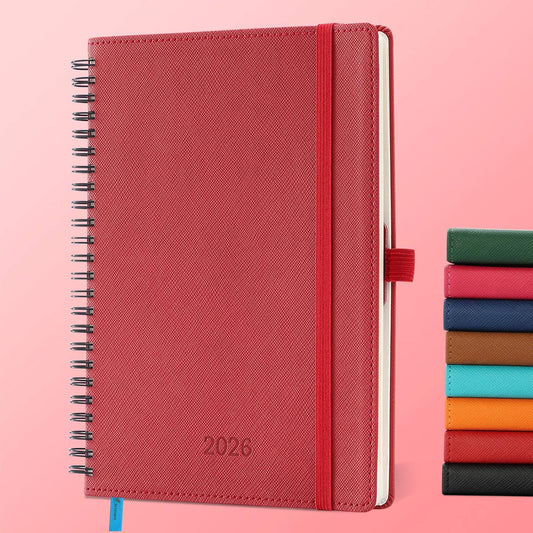 Planner 2026 Daily Weekly and Monthly,8.5"x6.5",12 Months Spiral Bound Calendar Agenda with Self-adhesive Pen Holder,2026 Appointment Book with Vegan Leather Soft Cover,Red