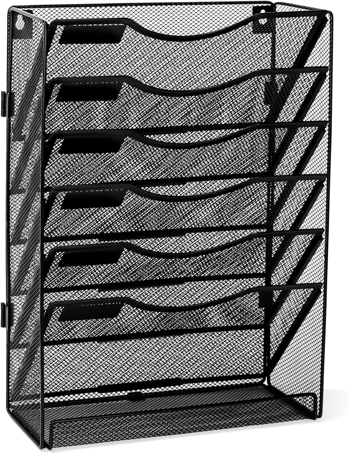 EasyPAG 7 Tier Wall File Holder with Flat Tray, Black | Easy Assemble Mesh Desk File Organizer | 6-Folder Paper Storage | Replaceable Classify Labels | Space Saving Mail Organizer for Office Home