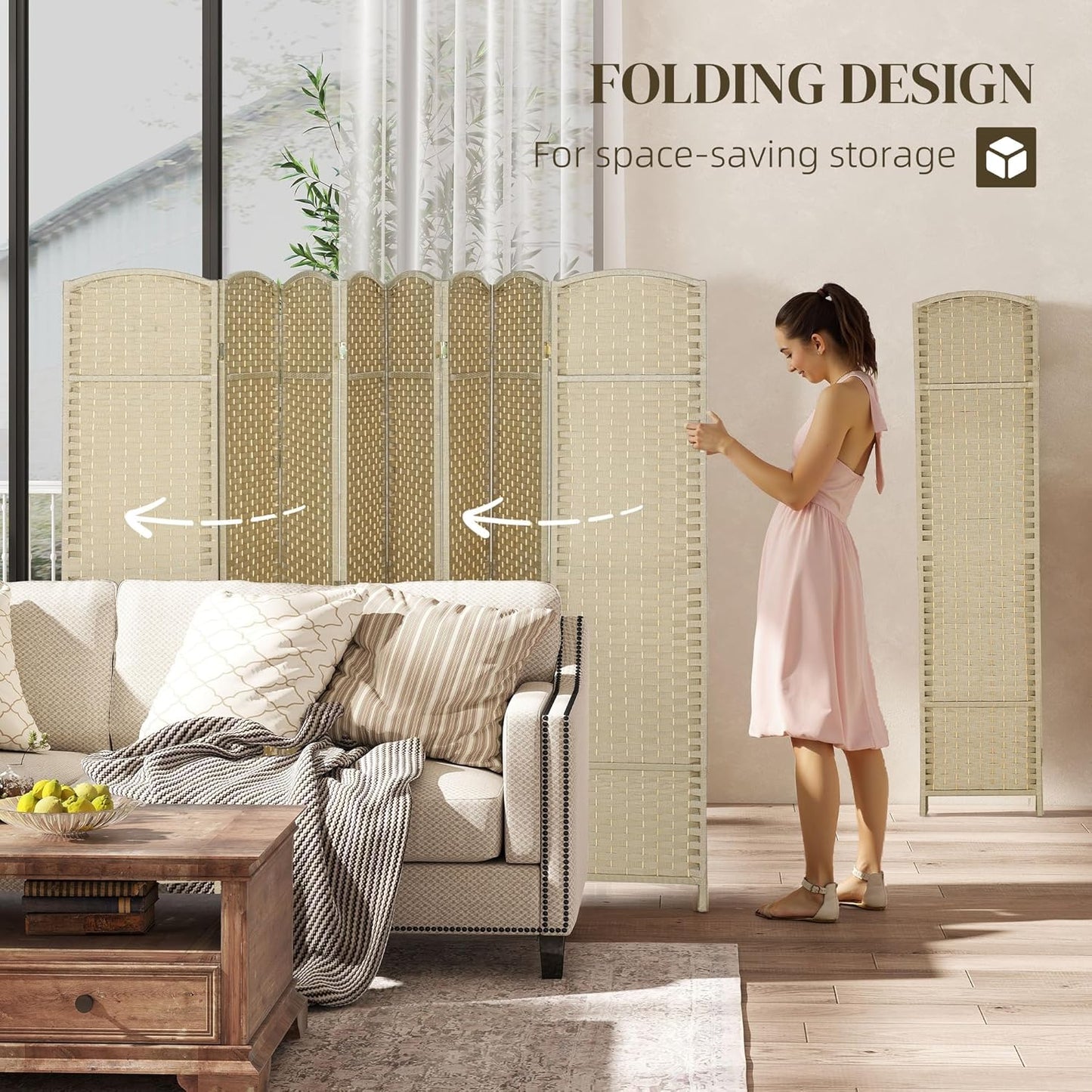 HOMCOM Room Divider, 8 Panel Folding Privacy Screen, 5.6' Tall Freestanding Wall Partition for Home Office, Bedroom, Beige