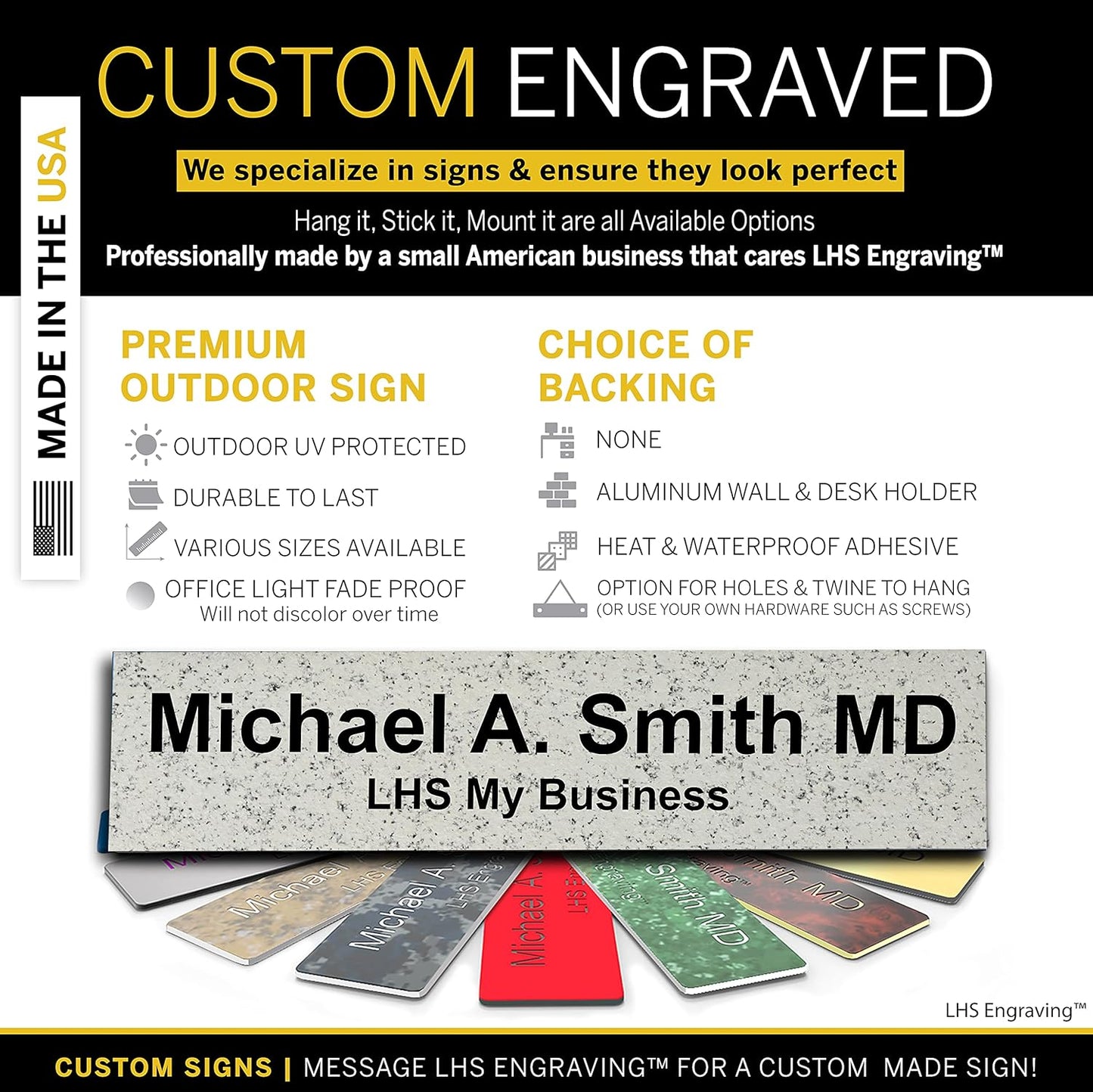 Door Name Plate Personalized for Office Stone Granite Plastic Name Plate Black Letters - Made in USA 2x6 S3