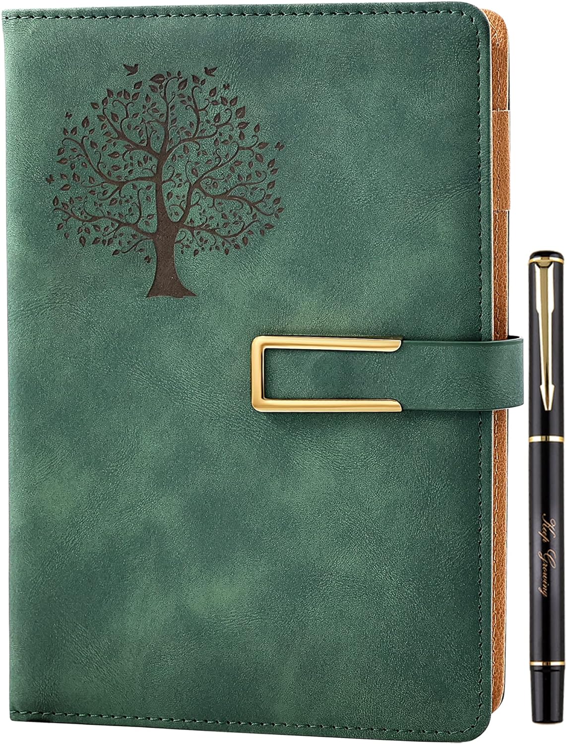 Fanery Sue Tree of Life Refillable Writing Journal for Women&Men Faux Leather Hardcover Notebook A5 College Ruled 200 Lined Pages Lay-Flat Personal Diary with Pen&Magnetic Buckle (Tree of Life-Green)