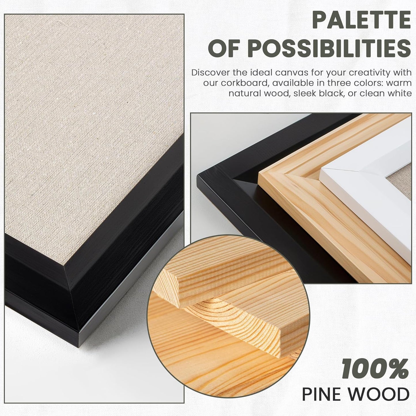 Bulletin Board Cork Board with Linen, 100% Wood Framed 24" x 36" Bulletin Board Decorations, Pin Boards for Walls, Wall Mounted Fabric Picture Board with 10 Pushpins for School, Home & Office, Black