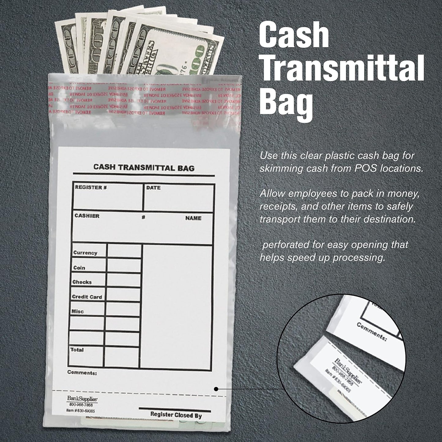 BankSupplies Cash Transmittal Bags Tamper-Evident 6W x 9H Case of 500 Clear Polyurethane with Side-Weld Seams for Currency, Coins, Checks, and Receipts