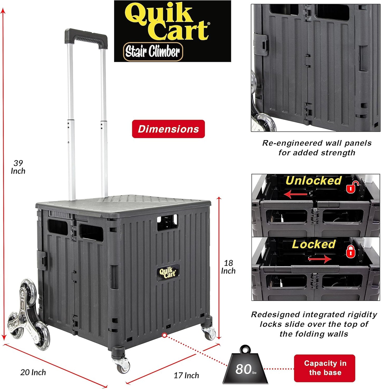 dbest products Quik Cart Stair Climber Wheeled Rolling Crate Teacher Utility with seat Heavy Duty Collapsible Basket with Handle, 18" D x 17" W x 39" H, Black