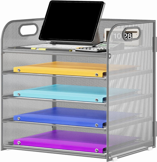 5 Tier Paper Organizer with Handle, Metal Mesh Desk Organizer File Folder Paper Letter Tray Desktop Document Sorter for Classroom, School, Office Accessories Organization and Storage - Silver