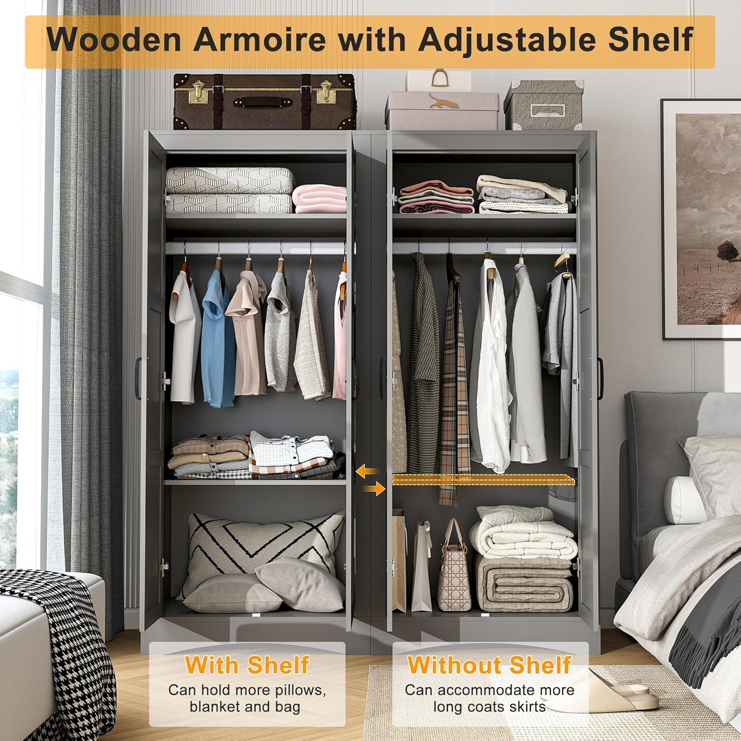 2 Door Wardrobe Closet, Wood Armoire with 2 Shelves and Hanging Rod, Freestanding Tall Storage Cabinet, Bedroom and Guest Room Armoire Cabinet for Clothes Storage, Gray