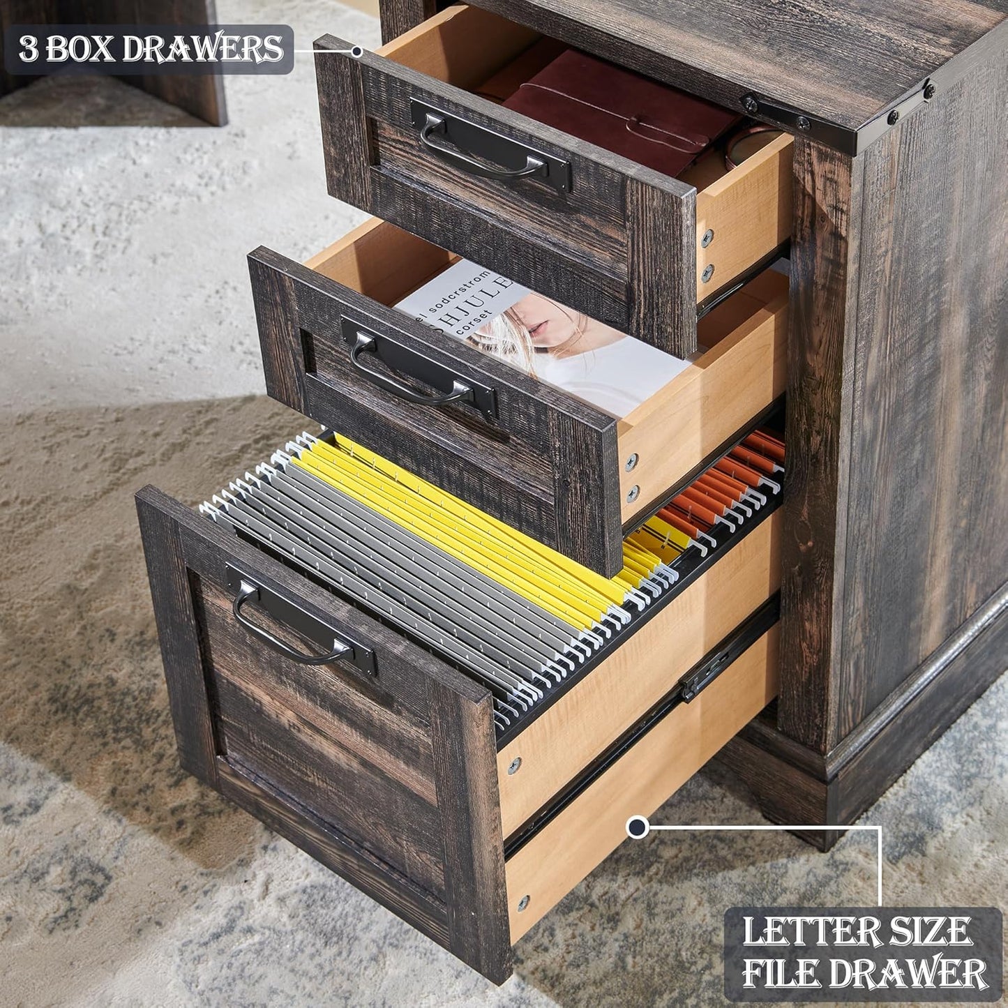 RedLemon 60" Farmhouse L Shaped Executive Desk with Drawers, Wood Home Office Corner Desk with Charging Station, File Drawer, Storage Cabinet, Rustic Computer Writing Desk (Dark Rustic Oak)