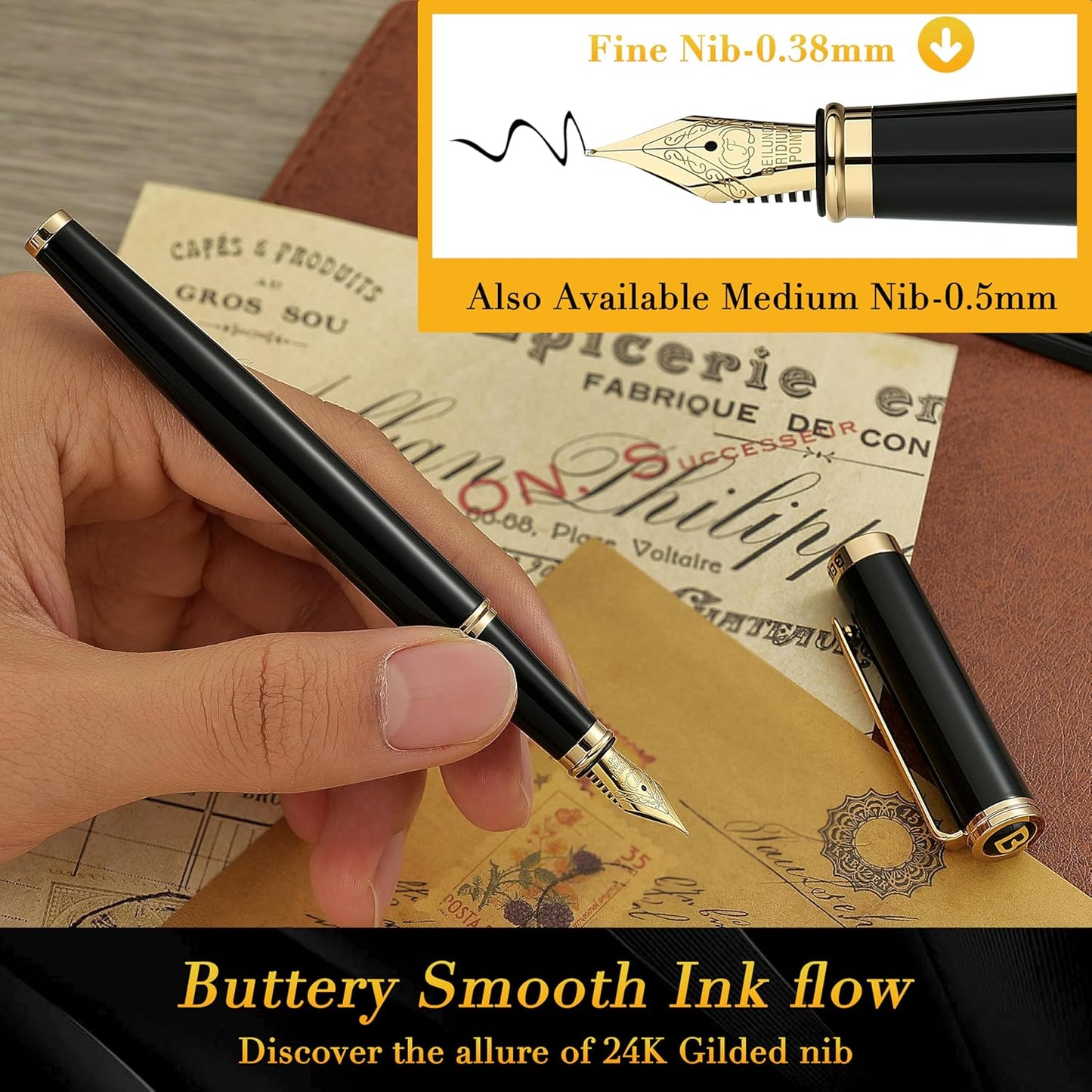 BEILUNER Silver Chrome Fountain Pen,Stunning Luxury Pens with 24K Gold Accents, Gorgeous 24K Gilded Nib(Fine) (Fine Nib,Black with Gold (Personalized))