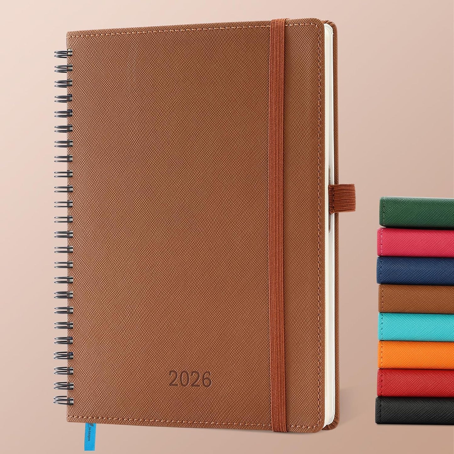Planner 2026 Daily Weekly and Monthly,8.5"x6.5",12 Months Spiral Bound Calendar Agenda with Self-adhesive Pen Holder,2026 Appointment Book with Vegan Leather Soft Cover,Brown
