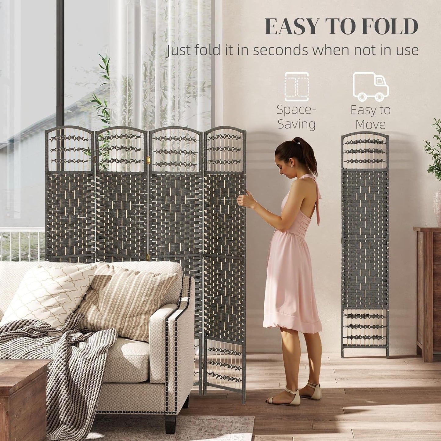 HOMCOM 4 Panel Room Divider, Folding Privacy Screen, 5.6' Room Separator, Wave Fiber Freestanding Partition Wall Divider, Dark Gray