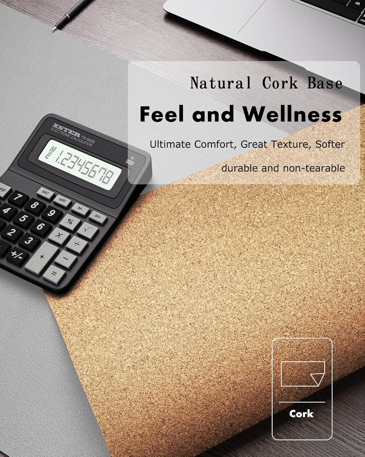 YSAGi Leather Desk Mat, Eco Cork Mat, Large Mouse Pad, Waterproof Blotter - 23.6"x13.7", Grey+Cork