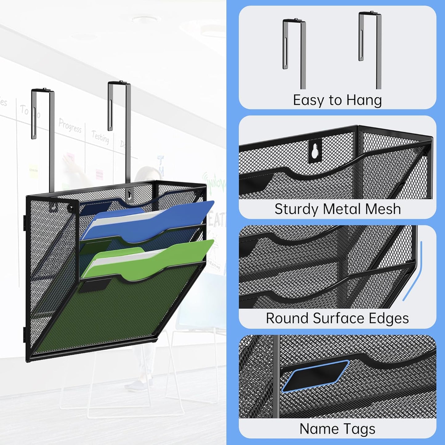 Kuntine.B Wall File Organizer Office Hanging Magazine Holder Wall File Organizer for Office Home (Black, 3 Tier & Hangers)