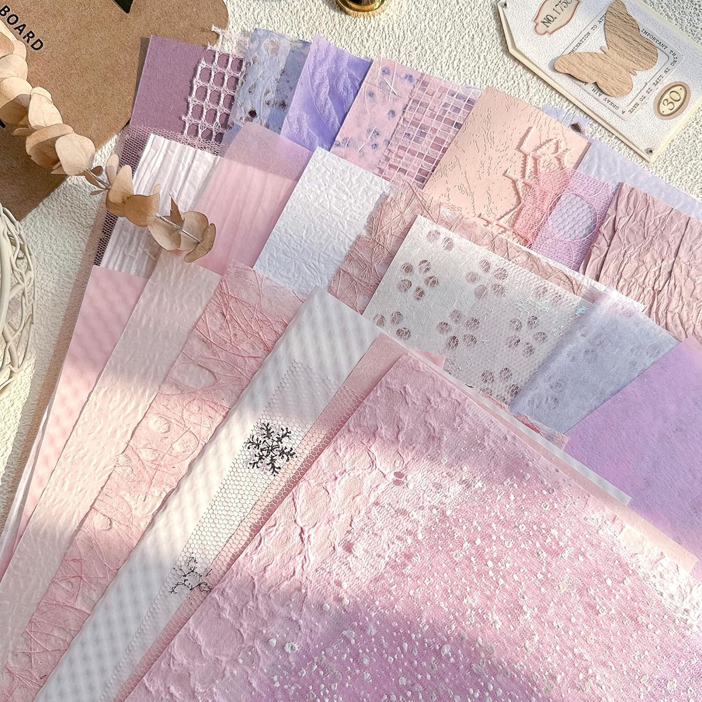 Aromoty 30 sheets A4 size Textured Scrapbook Paper&Mesh Fabric set - Large Handmade Craft Mulberry Special Paper Mix for Scrapbooking Junk Journal Supplies Card Materials Collage, 11.7x8.3 Inches