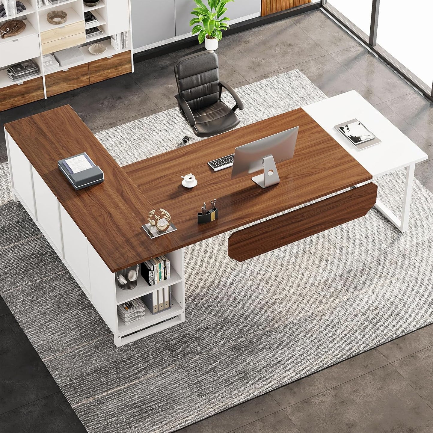 Tribesigns 70.8" L-Shaped Executive Desk with 55" File Cabinet, Large Home Office Computer Desk with Storage Shelves and Cabinet, Modern Business Furniture Set Home Office, Walnut White