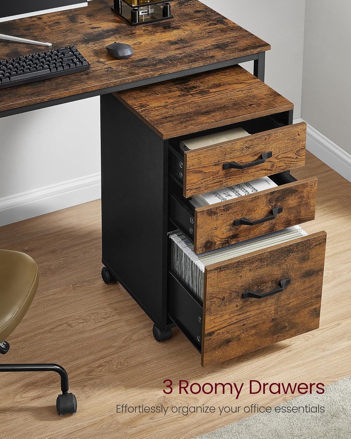 VASAGLE File Cabinet, 3 Drawers Filing Cabinet for Home Office, with Wheels, for A4, Letter Sized Documents, Hanging File Folders, Rustic Brown and Ink Black UOFC065B01