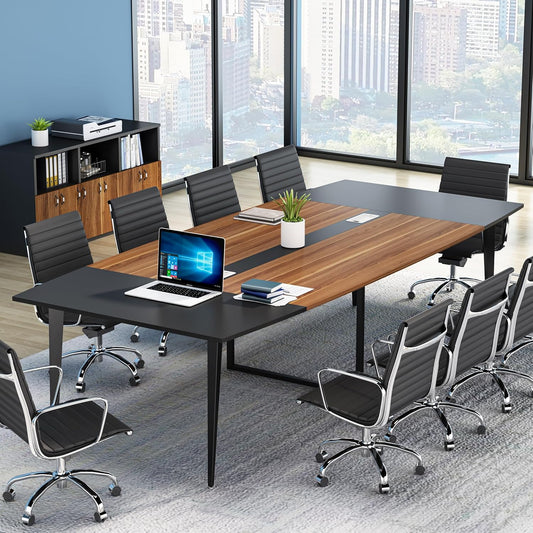 Tribesigns 8FT Conference Table, 94.48L x 47.24W x 29.52H Inches Boat Shaped Meeting Table with Rectangle Grommet, Modern Seminar Boardroom Table for Office Conference Room (8ft, Walnut & Black)
