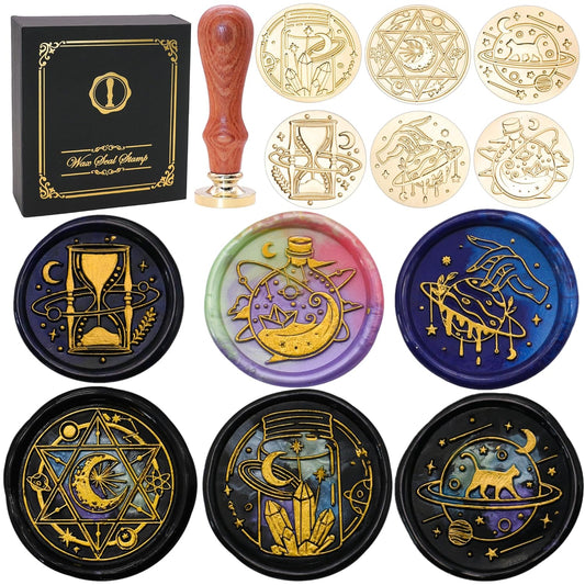 SWANGSA Magic Space Wax Seal Stamp Gift Box Set, Vintage 6 Sealing Stamp Heads + 1 Wooden Hilt, Wax Stamp Kit for Party Invitations, Envelops, Cards and Gift Packaging (Magic Space)