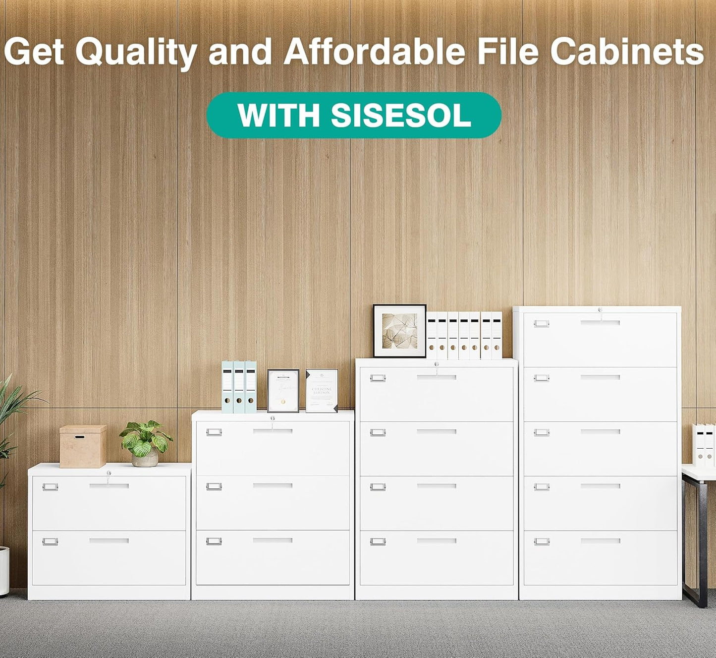 SISESOL 3 Drawer Lateral File Cabinet with Lock,White Lateral Filing Cabinet,Horizontal Metal Filing Cabinets,Locked Wide Three Drawer File Cabinets for Office Home,Fit A4/F4/Letter/Legal File