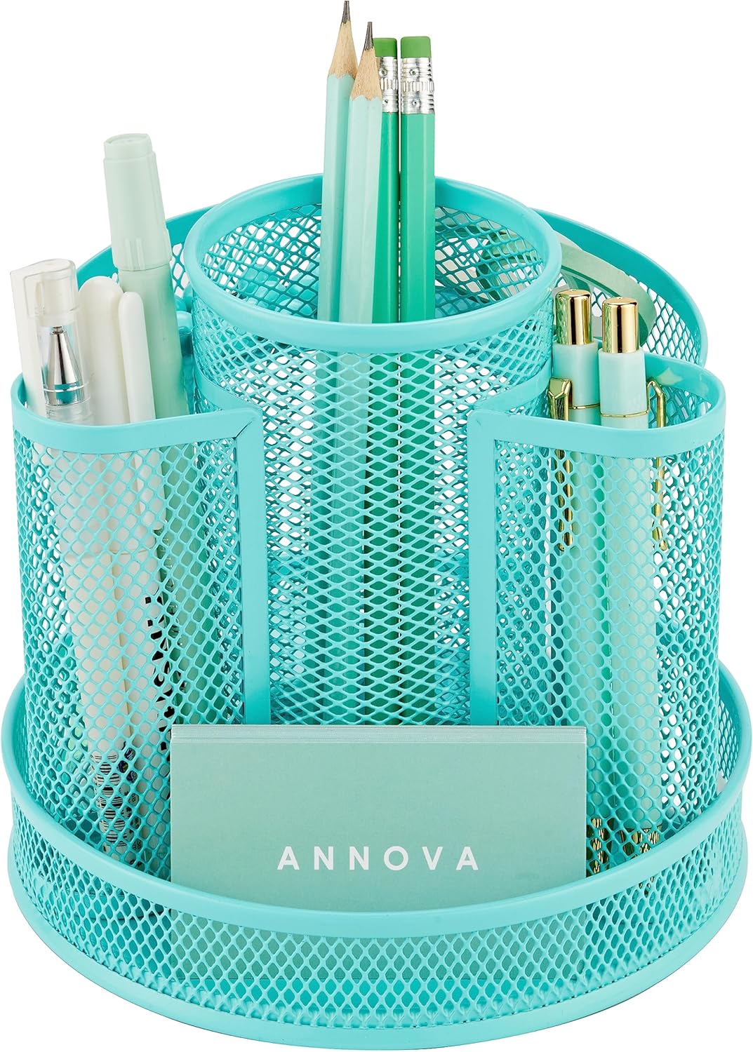 Annova Mesh Desk Organizer Rotate with 5 Compartments Round Spinning Tidy Candy/Pen Holder Desk Accessories Office, Art Supply, Storage, Classroom, Home (Turquoise)