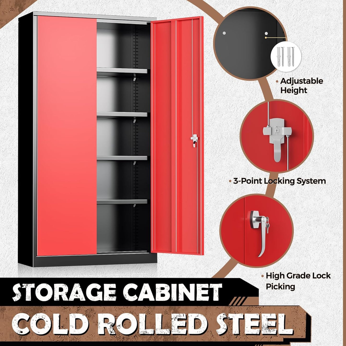 INTERGREAT Metal Lockable Storage Cabinet, 72” H Storage Cabinet with 2 Doors and 4 Adjustable Shelves for Office, Home, Garage, Pantry (Assembly Required, 18”D, Black Red)