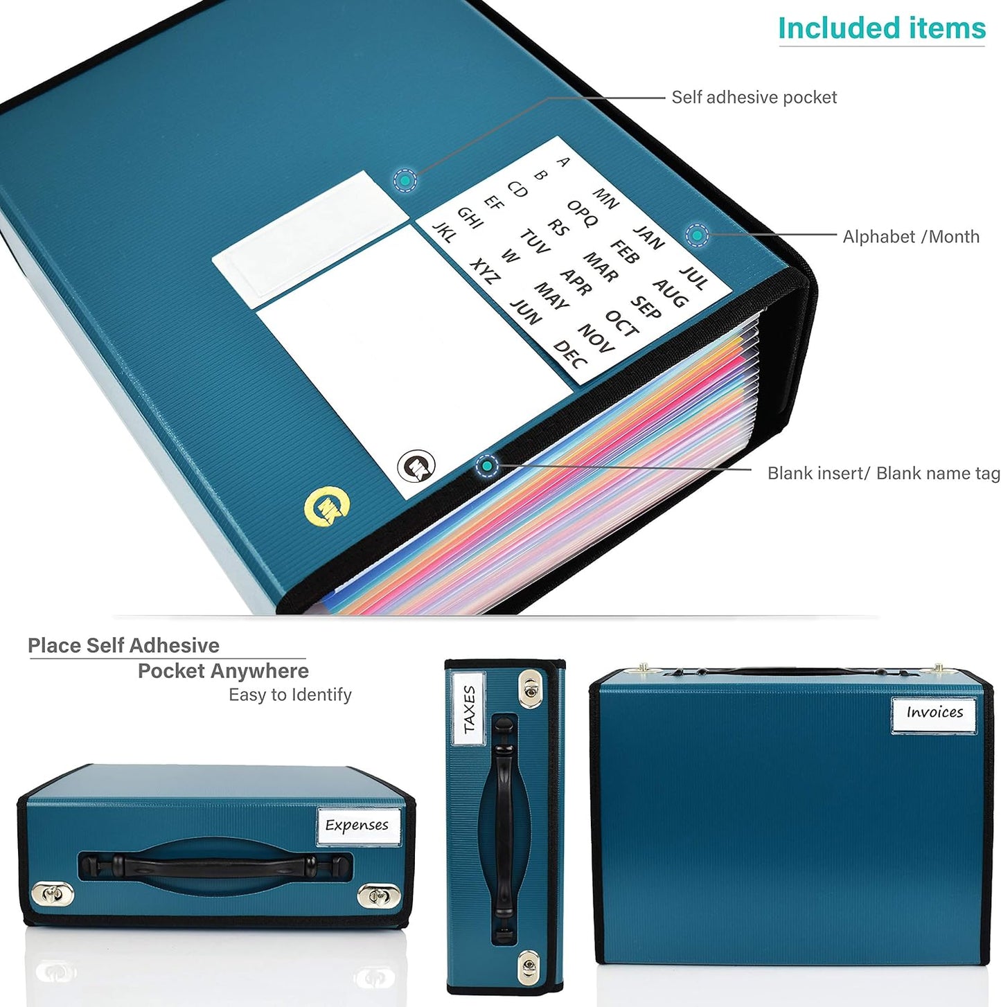 CNK Accordion File Organizer - 36 Pocket Teal Folder with Ergonomic Handle, Double Lock Buckles, Protects Documents, Durable Polypropylene, 8.5 x 11 in