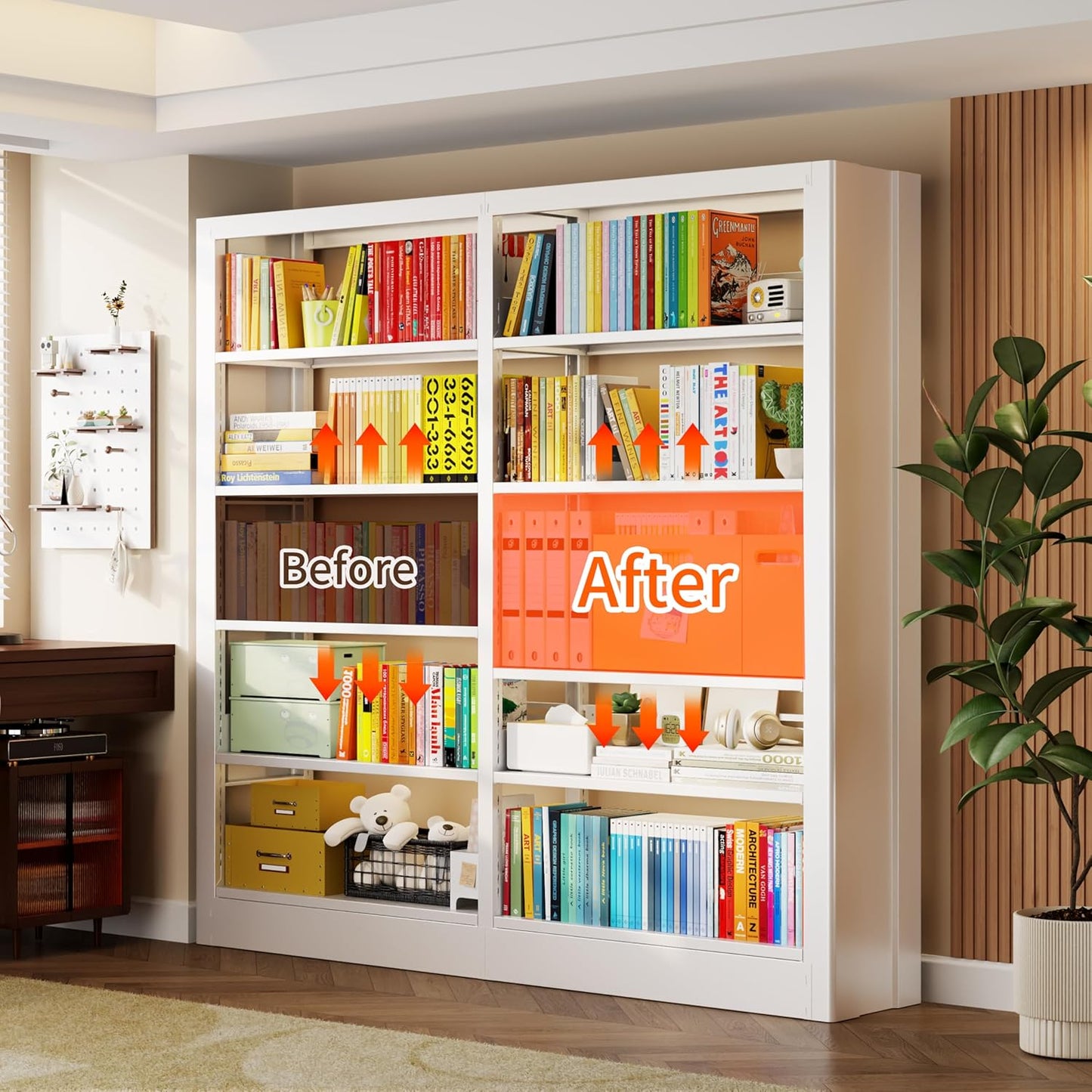 5-Tier Bookcase with Adjustable Storage Shelves, Metal Bookshelf with Book Stopper, Bookcase Shelf for Library, Office, Living Room (White-2)