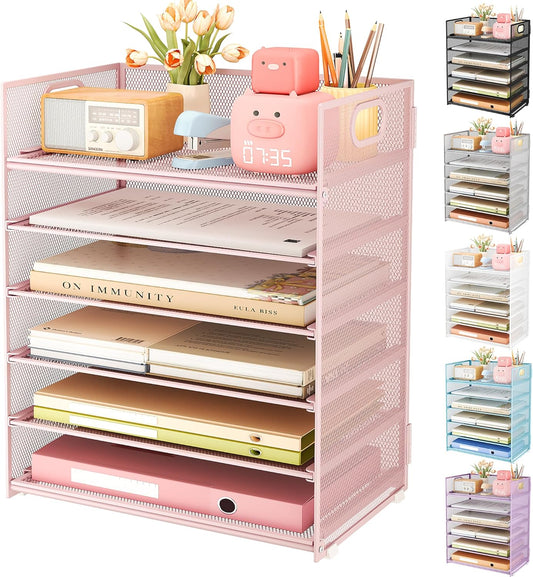 Subekyu 6 Tier Office File Paper Desk Tray Organizer with Handle, Stackable Slide Mesh Letter Tray Folder Pink Desk Organizer, Desktop Document Sorter for Classroom, Office, Home Supplies Storage