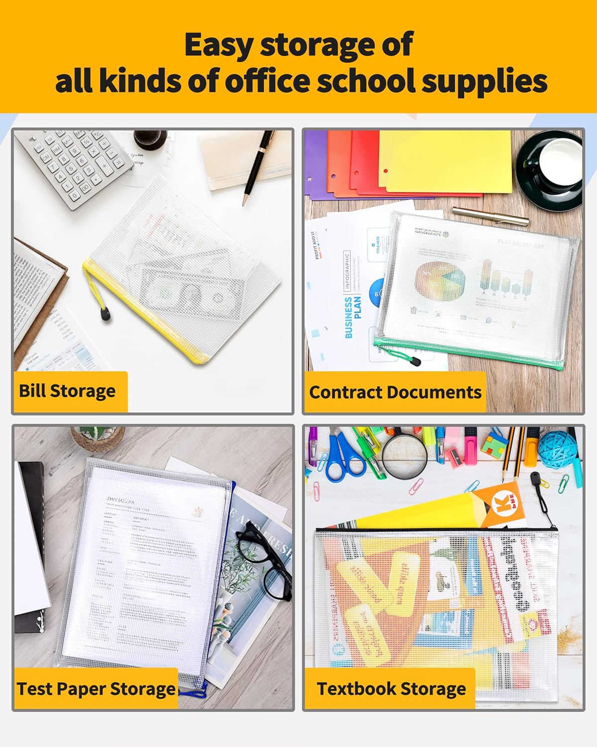 SUNEE Mesh Zipper Pouch 9x13 in (6 Colors, 24 Packs),Extra Large Water-Resistant Zip Bag for School Office Supplies, Puzzles & Games Organizing Storage