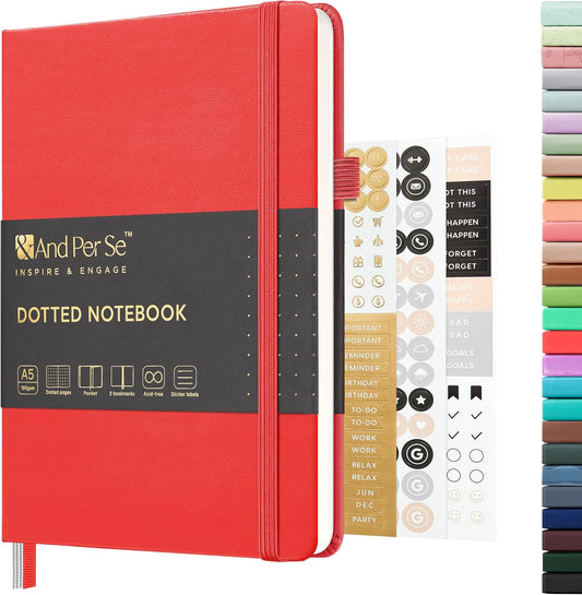 &And Per Se Dotted Journal Notebook, A5 Hardcover Bullet Dotted Journal, 160 Pages 100 gsm Thick Dotted Paper, 3 Sheets of Stickers Included - 5.7'' x 8''（Red）