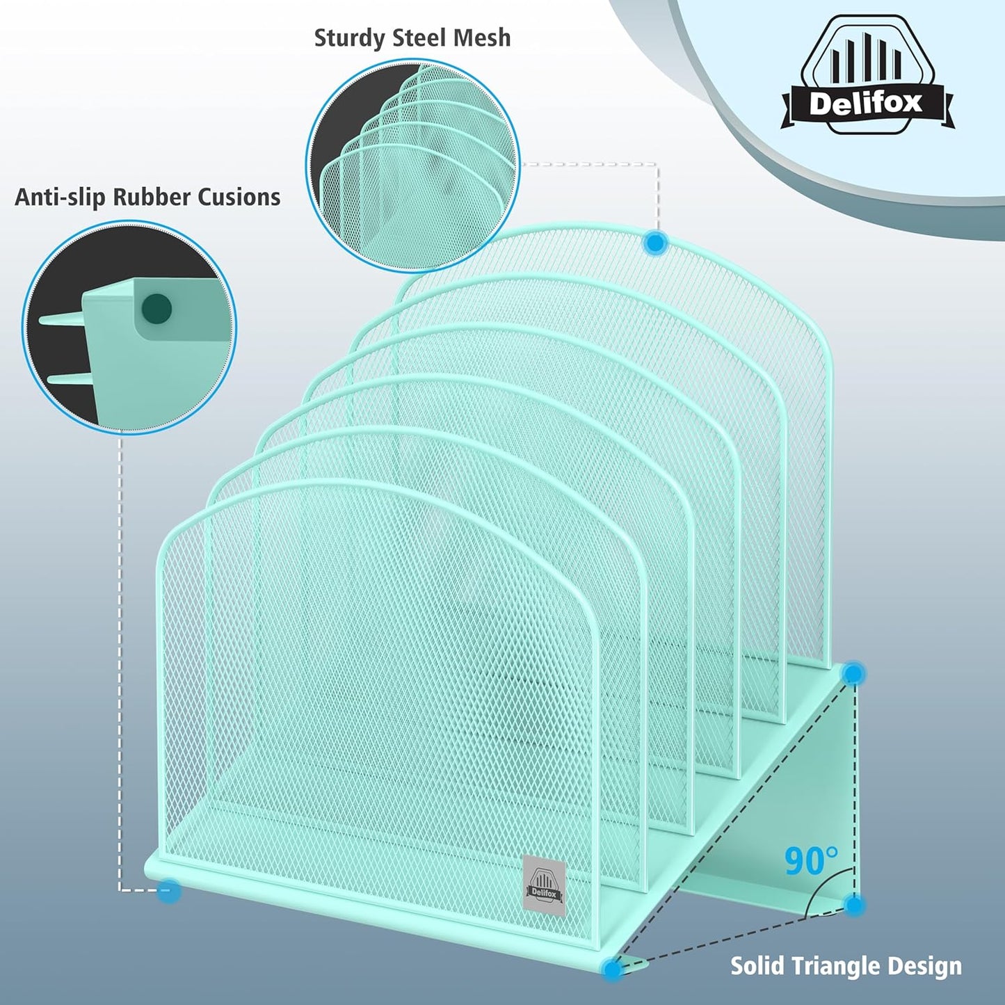 Inclined Desk File Organizer, 5-Section Vertical File Folder Holder Stand Metal Rack File Sorter for Office Classroom Desktop Organization