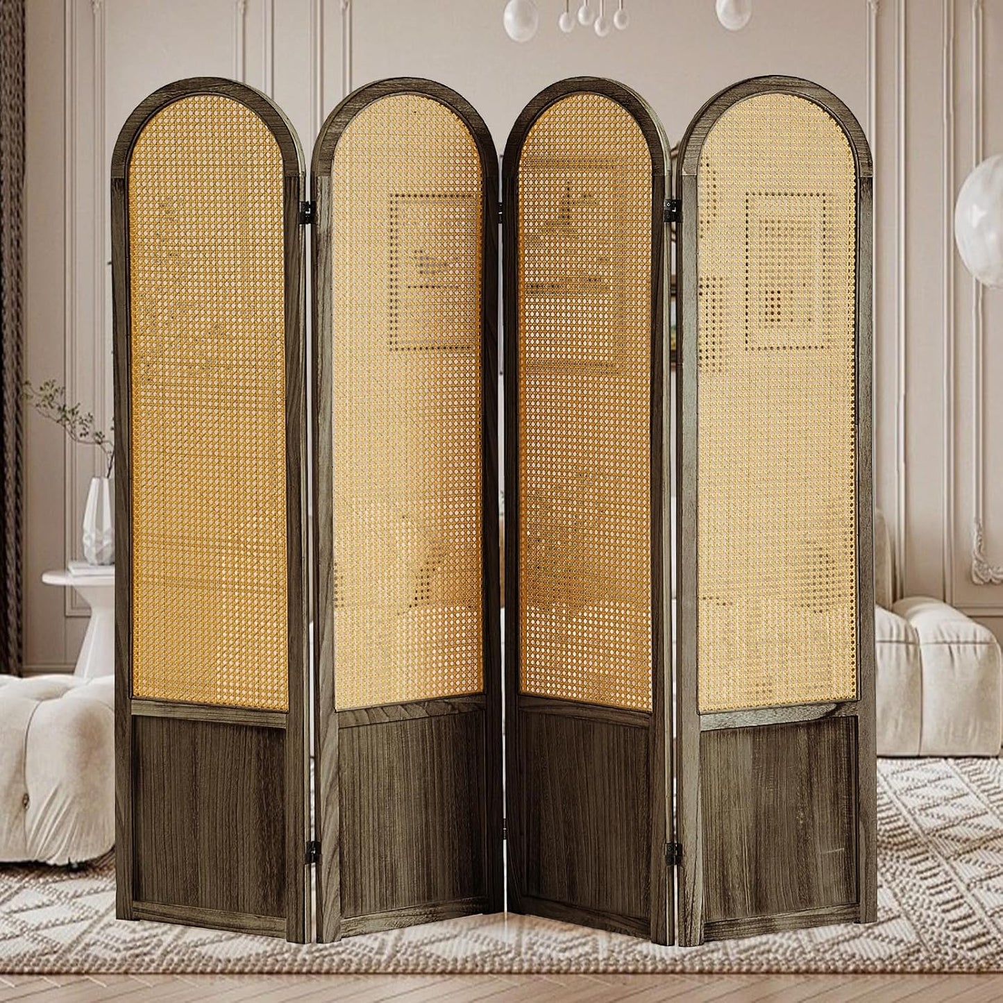 4 Panel Rattan Room Divier, Room Divider Panel and Folding Privacy Screens, Room Divider Wall, Solid Wood Frame, Partition Room Dividers, Bedroom, Dining Room, Lounge, Dark Brown
