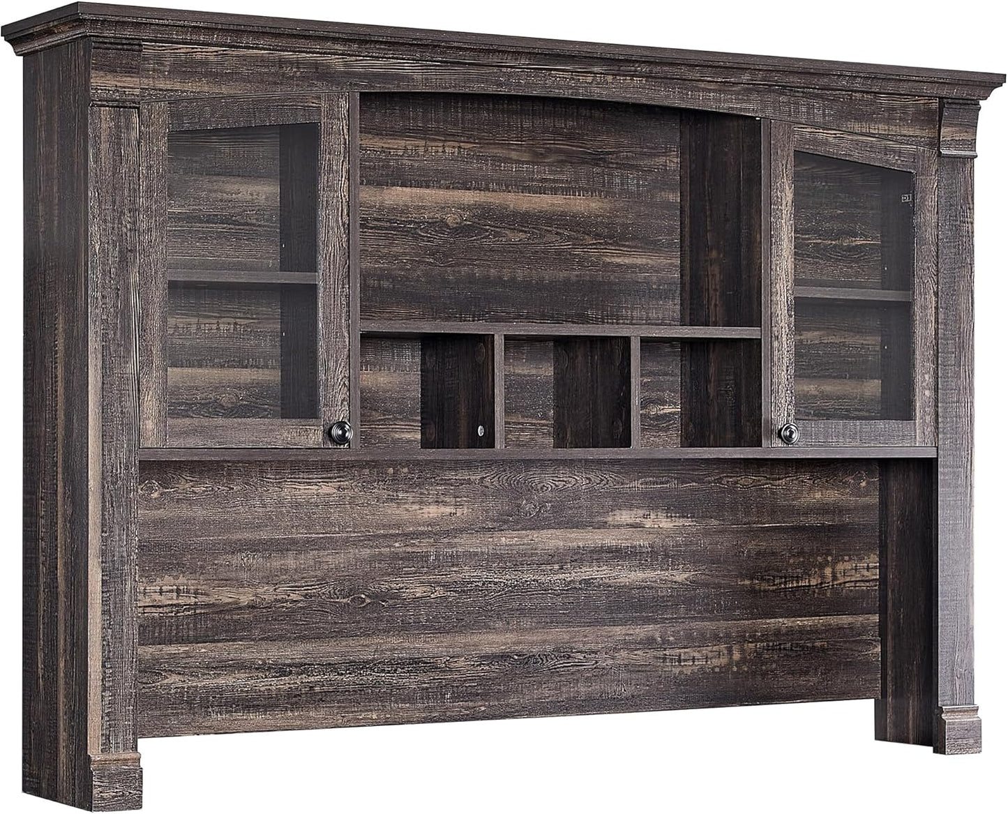 OKD Farmhouse Hutch for 60" Executive Desk, Office Desk Storage Cabinet with Glass Doors and Shelves, Top Hutch Organizer for Home Office - Dark Rustic Oak