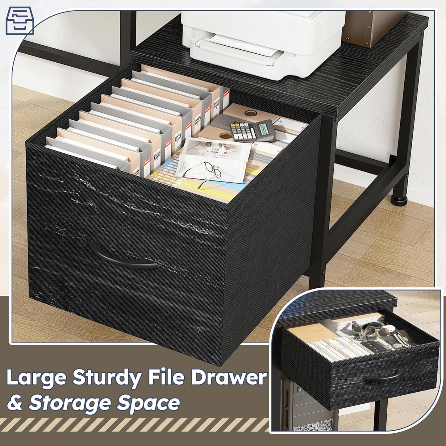 L Shaped Computer Desk with Drawers, Gaming Desk with LED Lights & Monitor Shelf, Office Desks with Power Outlets, Corner Desks for Home Office, Study Room and Bedroom, Black