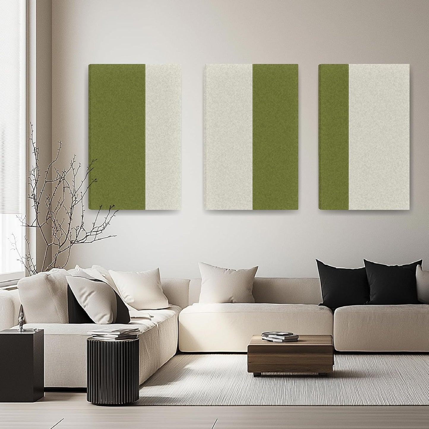 3-Pack Stitched Fabric Acoustic Panels Sound Absorbing,3-Piece 35.5x23.6 Inches Sound Proof Foam Panels for Walls,Sound Dampening Wall Panels for Home,Office.Green and Light Gray