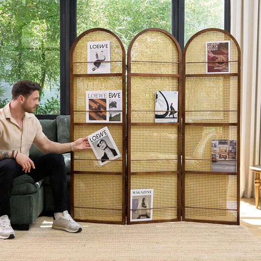Rattan Room Divider with Bookshelf,Privacy Screen for Home Office & Bedroom,Portable Partition, Wooden Frame