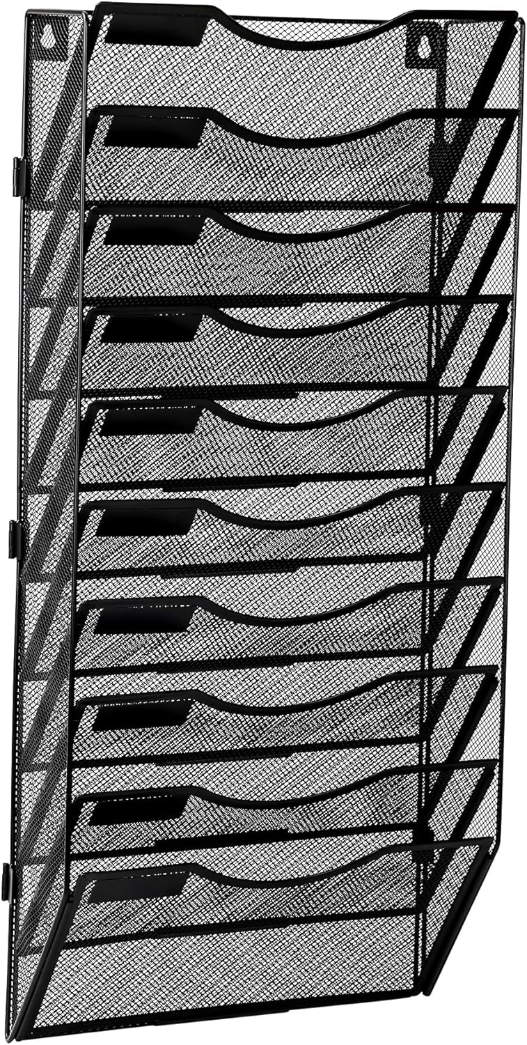 EasyPAG Wall File Holder Organizer 10 Pocket Mesh Hanging Wall Mounted Document Paper Folder Filing Magazine Rack with Nametag Label for Office Home School, Black