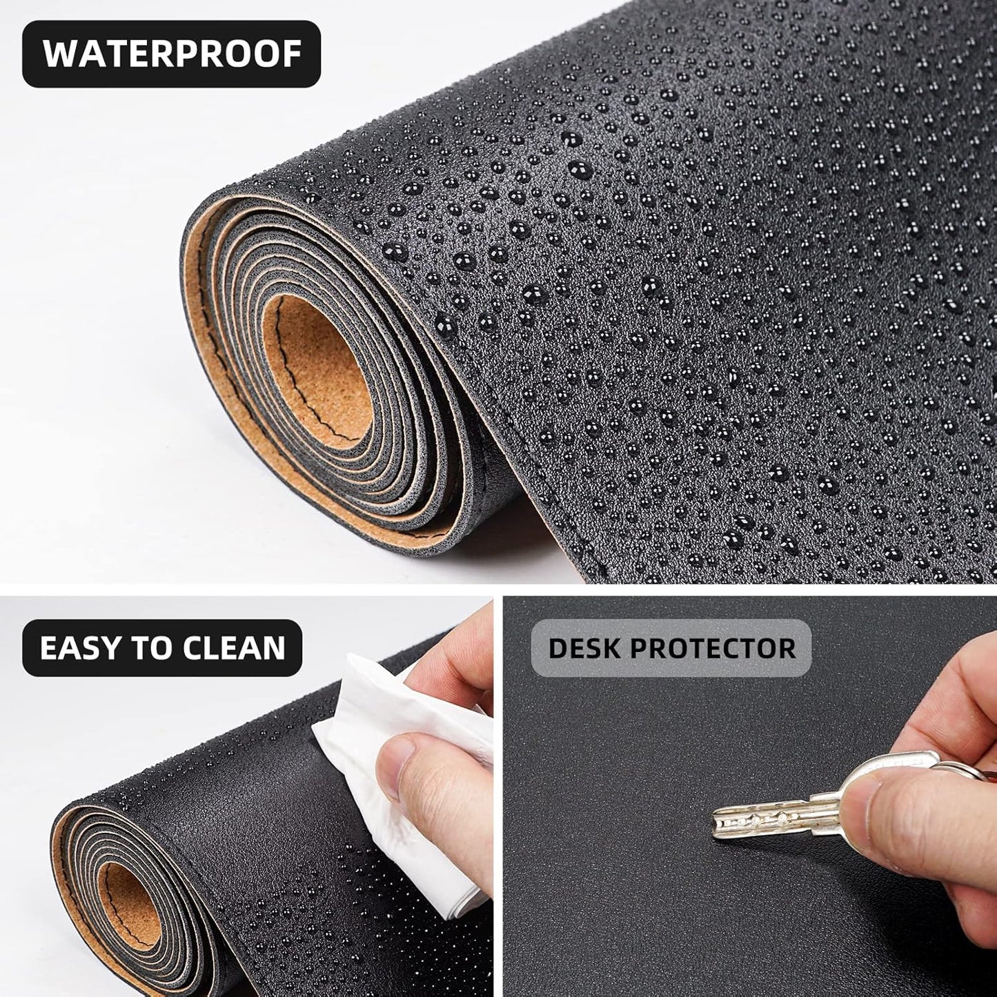 Large Desk Mat 47.2" x 17" Leather Desk Pad Protector with Natural Cork & PU Leather, Non-Slip Office Desk Mat, Large Mouse Pad, Waterproof Desk Blotter pad for Office&Home(Black)