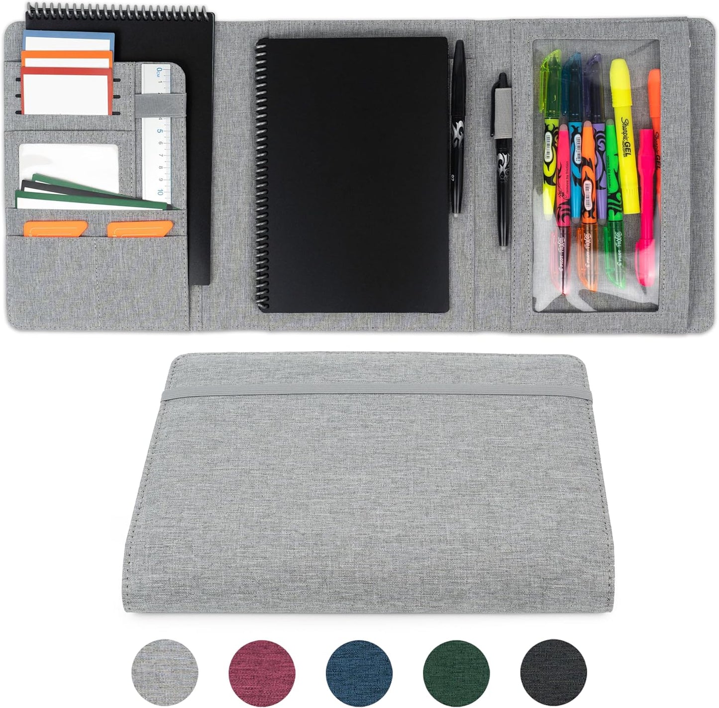 Sturdy Planner Cover for Rocketbook Smart Notebook - Water-Resistant Fabric Padfolio, Business Padfolio with Zipper Pen Pocket, Fits Executive Size A5, Rocketbook Accessories (Gray)