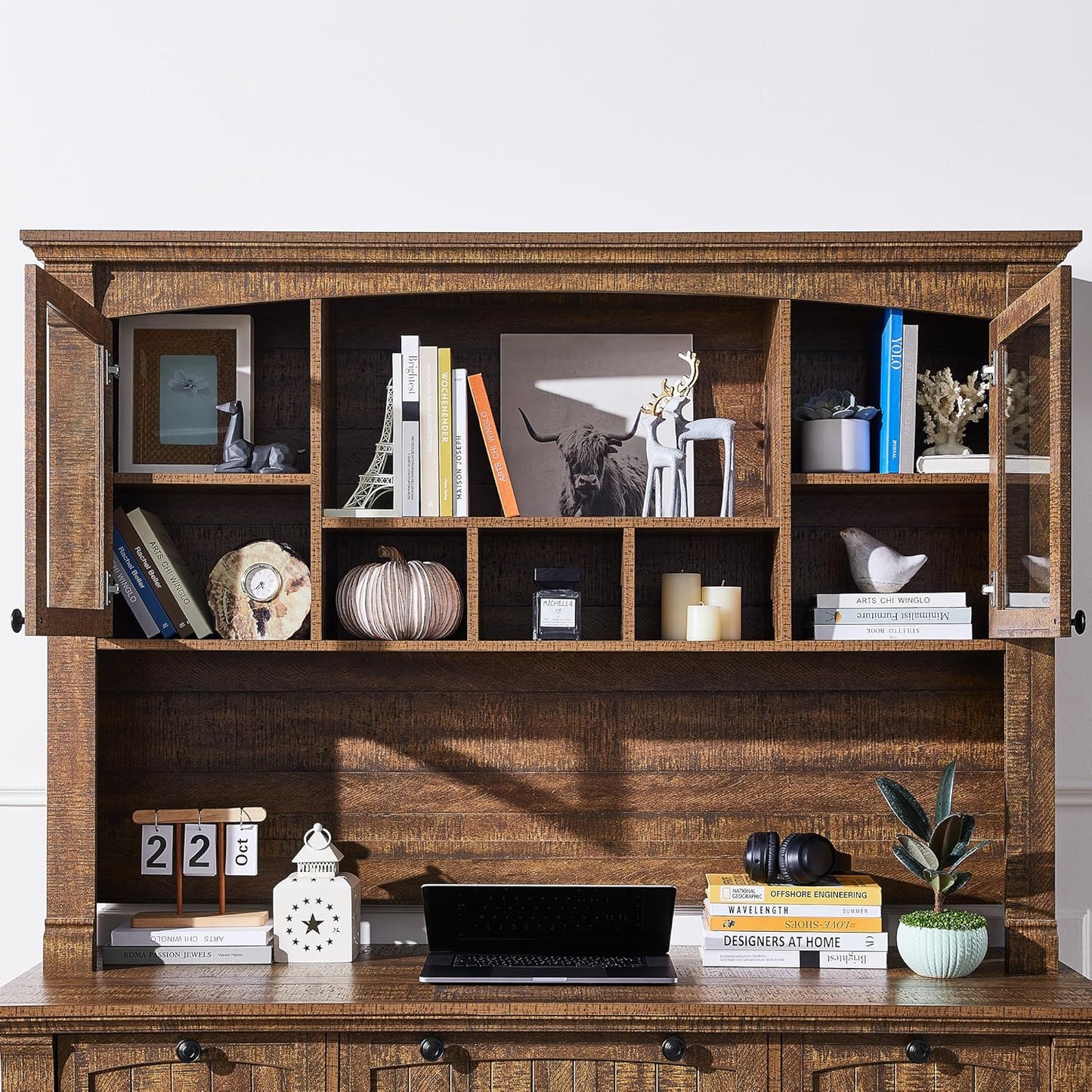 OKD Farmhouse Hutch for 60" Executive Desk, Office Desk Storage Cabinet with Glass Doors and Shelves, Top Hutch Organizer for Home Office - Reclaimed Barnwood
