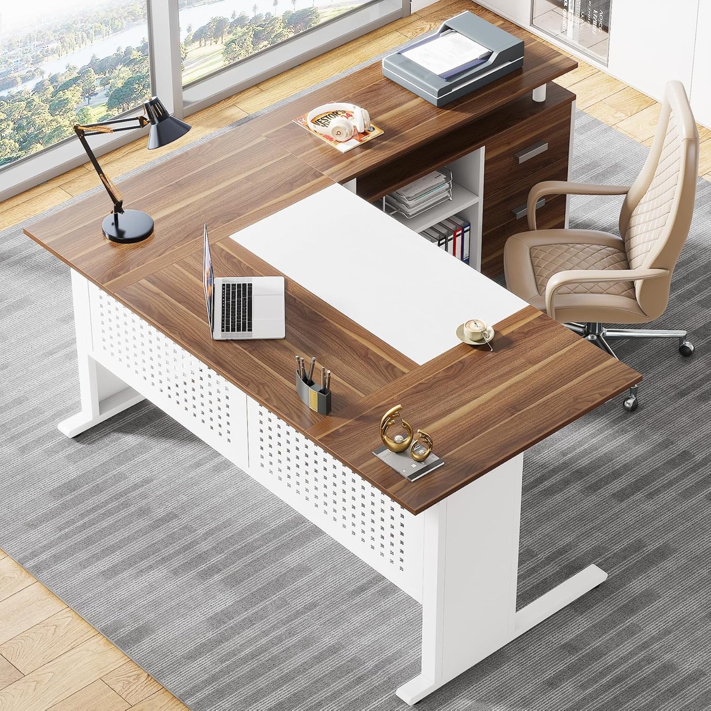 Tribesigns 63 Inch Executive Desk with File Cabinet, L Shaped Office Desk with Drawers and Storage Shelves, Business Furniture Set Workstation for Home Office, White and Walnut