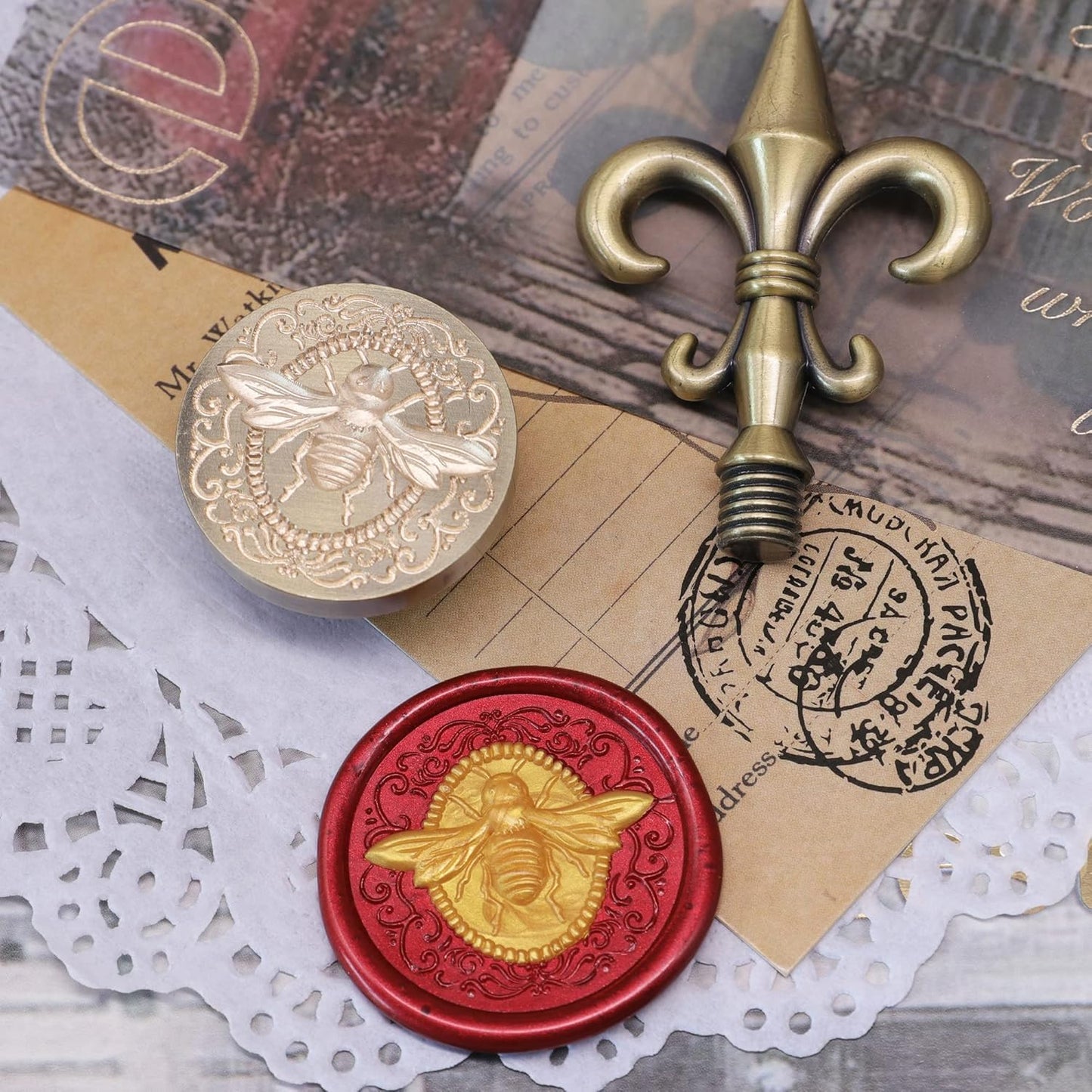 SWANGSA 3D Embossed Bee Wax Seal Stamp, Vintage Electroplated Bronze Flower Handle Sealing Stamp for Wedding Party Invitations Gift Idea Decoration