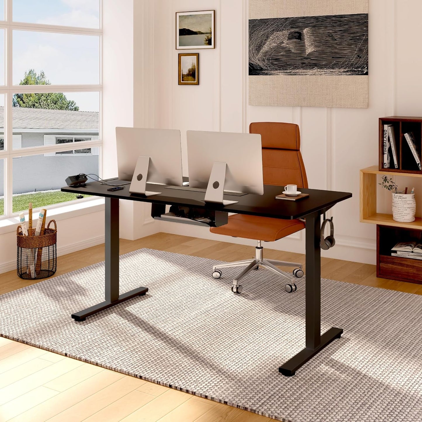 FLEXISPOT EN2 Whole-Piece Standing Desk with Clamp Power Strip, 48x24'' Electric Stand Up Height Adjustable Desk with Cable Management (Black Frame + 48" Black Table Top)