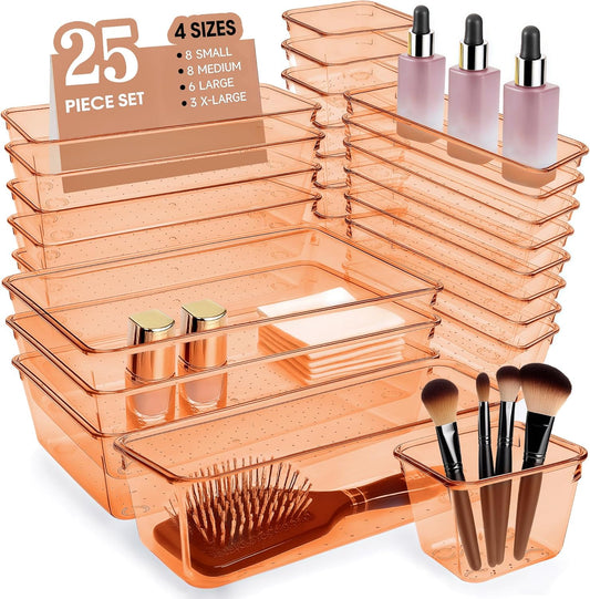 Coffee Acrylic Drawer Organizers Set Storage for Makeup, Office Desk Small Vanity Trays for Drawer Bathroom Plastic Make up Organizers 25 Pcs